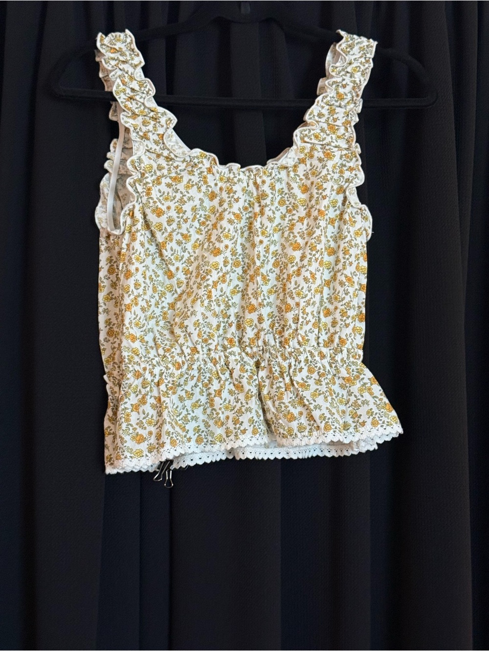 Ruffled Floral White Tank Top with Yellow Print - Picture 2 of 2